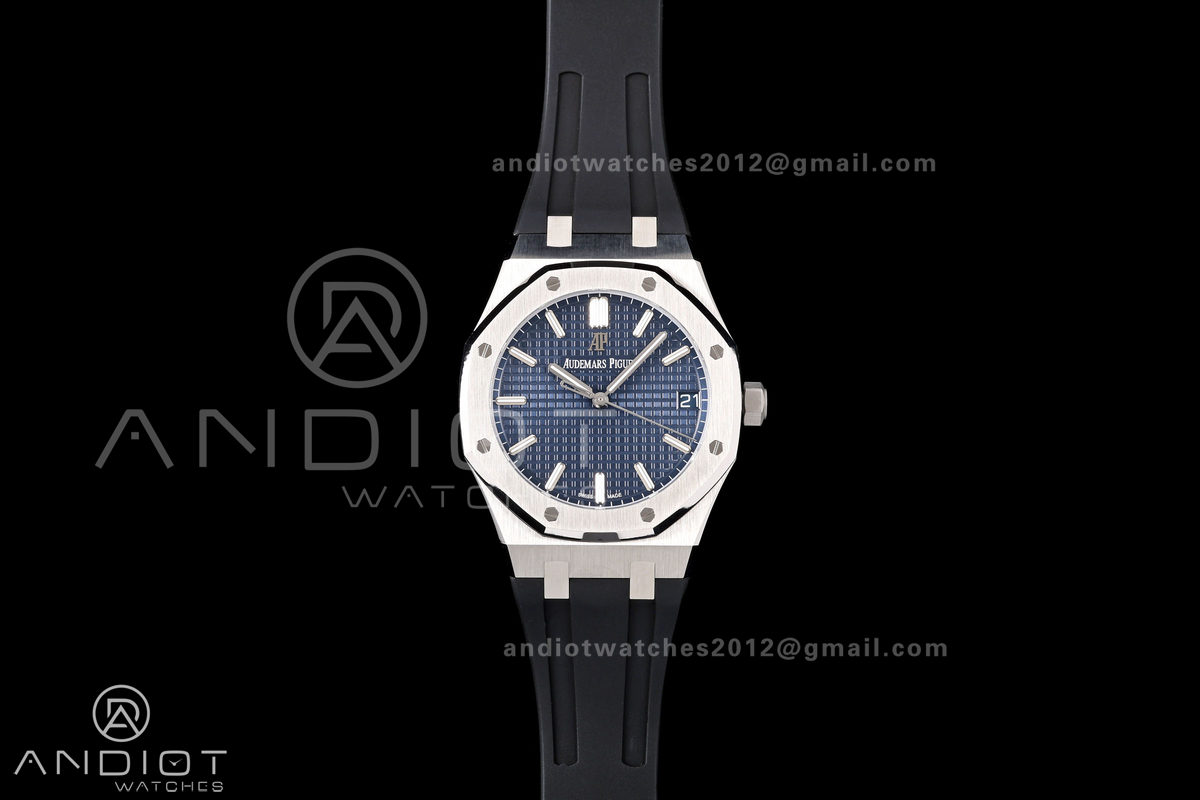 Royal Oak 15500 SS OCTA 1:1 Best Edition Blue Dial on Black Rubber Strap JH4302 Super Clone (Free Sprung)